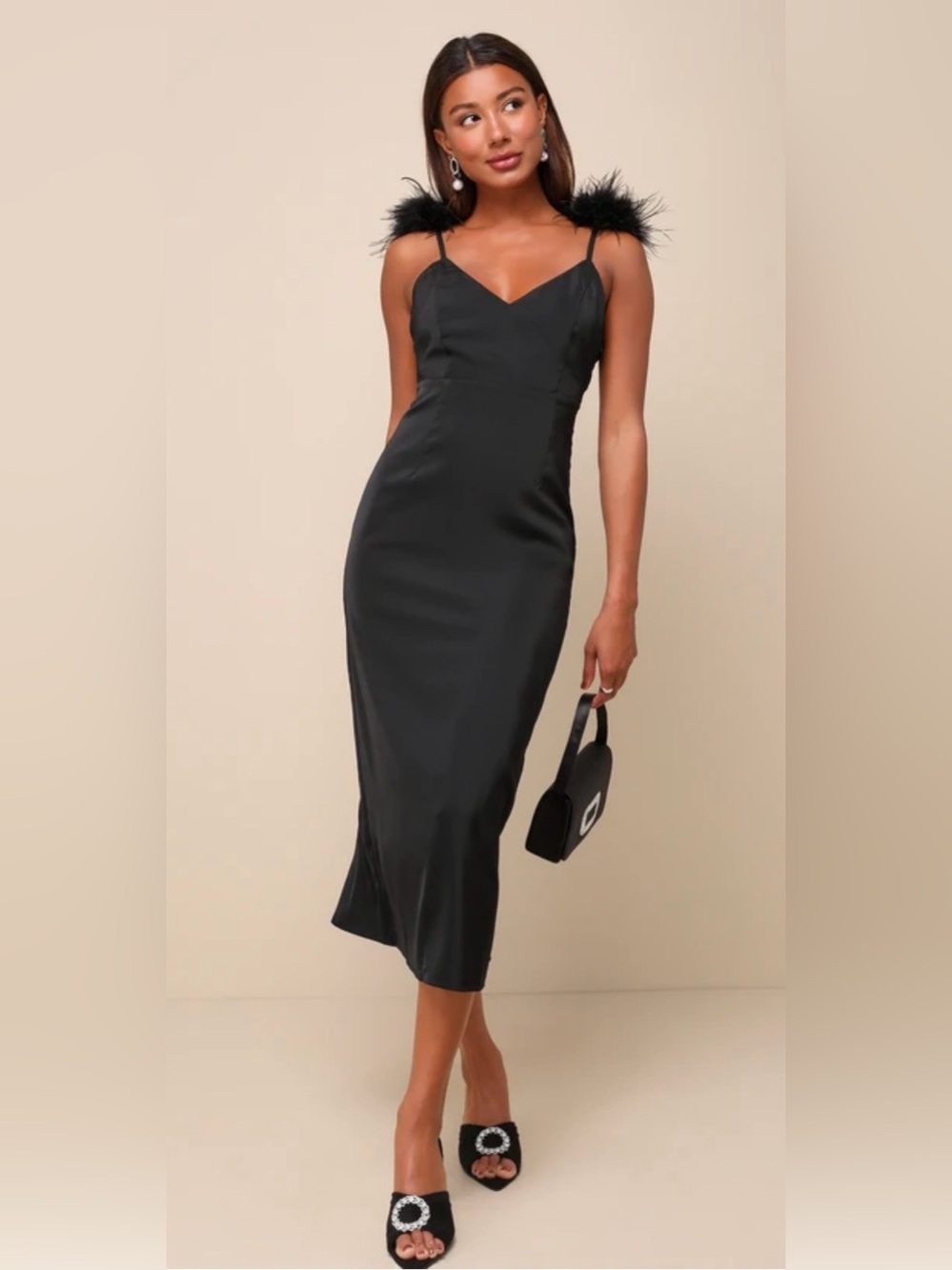 Lulus Black Satin Feather-Trim Midi Slip Dress